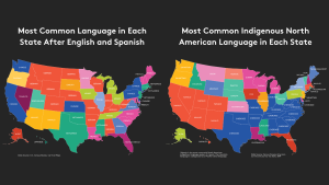 Two maps of the United States depicting the Most Common Language in Each State after English and Spanish and the Most Common Indigenous North American Language in Each State.